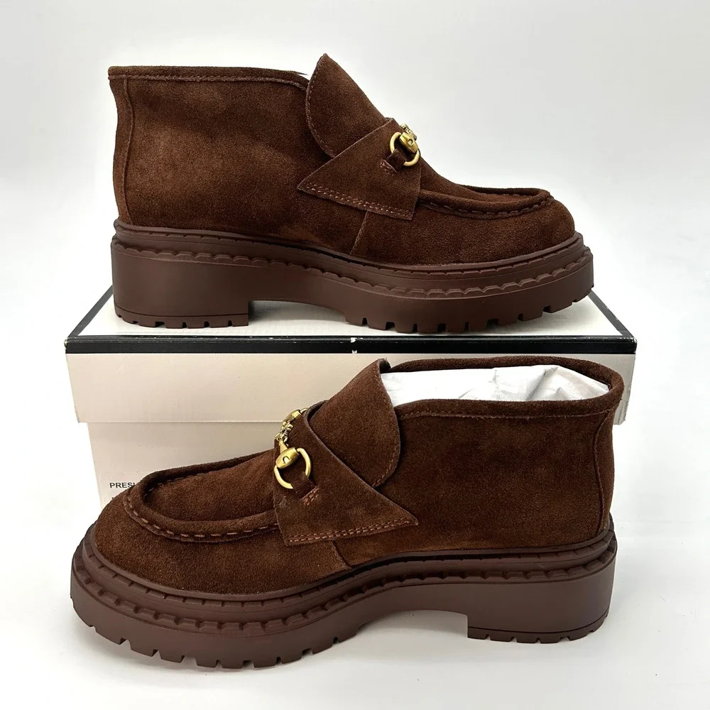 Womens Block Heeled Bootie Steve Madden Presly Sz 8 Dark Brown Suede Moc Toe NEW
